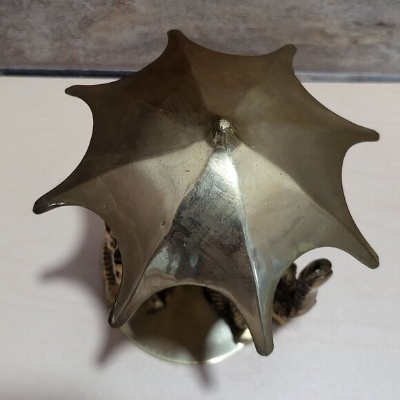 Vintage Two Elephants Trunks Raised  Under Umbrella Solid Brass Statue - Picture 3 of 12